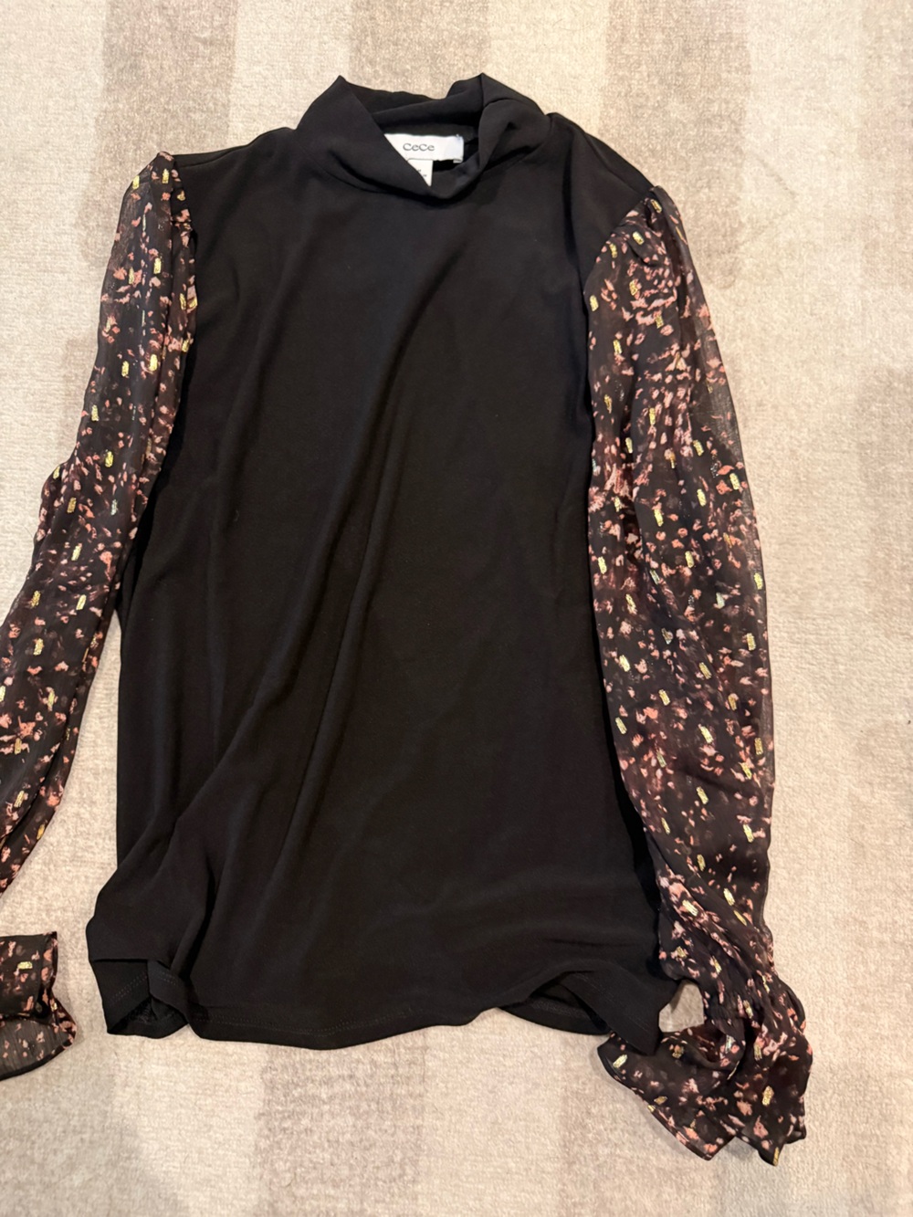 CeCe Black Top with Printed Sheer Sleeves